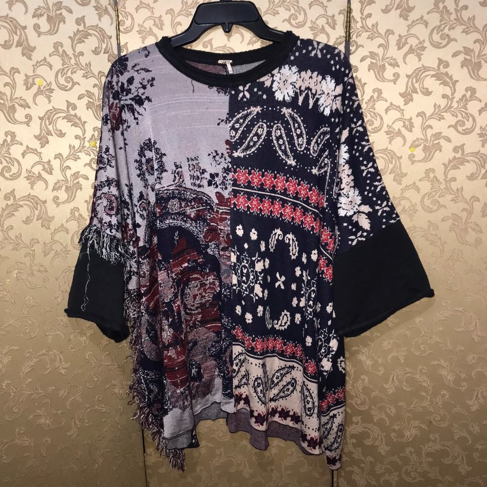 Free People Red Blue Multi-Color Paisley Pieces Oversized Sweater Size XS S